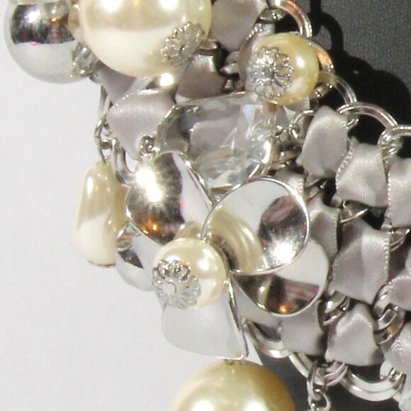 Chico's Silver Tone and Grey Fabric, Faux Pearls and Rhinestones Necklace - Picture 5 of 10
